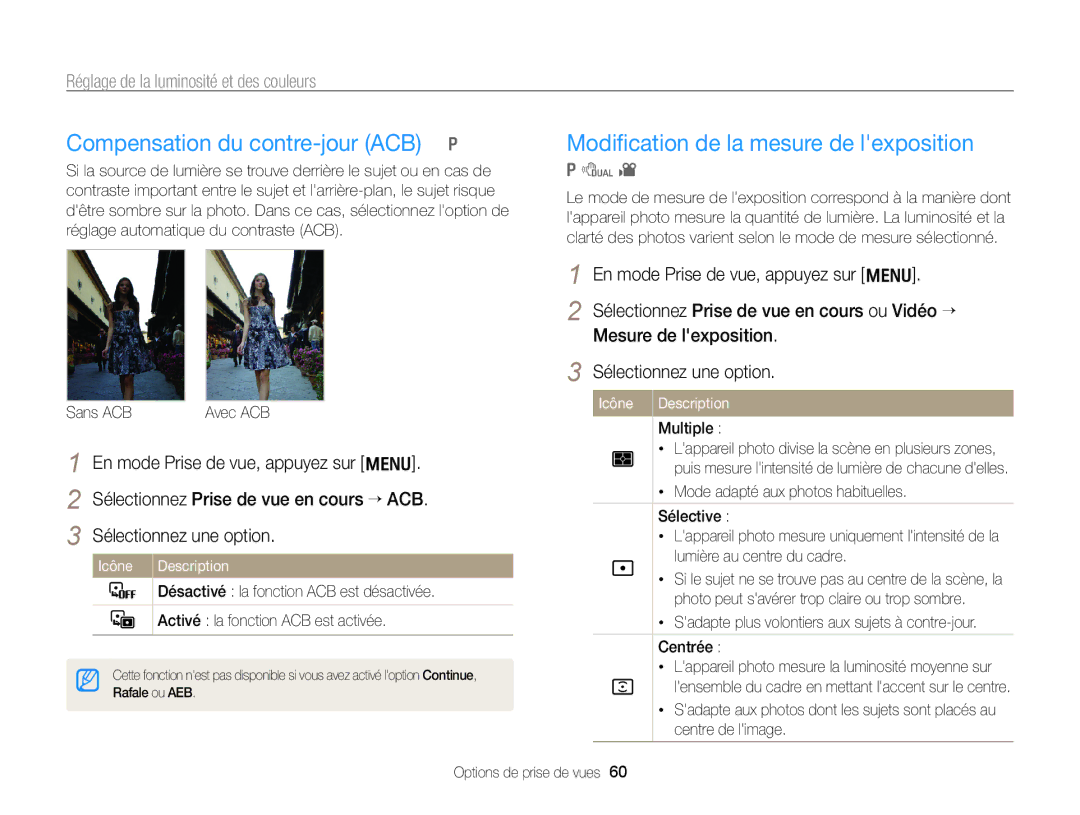 Samsung EC-PL170ZBPBE1, EC-PL170ZFPBE1 manual Compensation du contre-jour ACB p, Modiﬁcation de la mesure de lexposition 