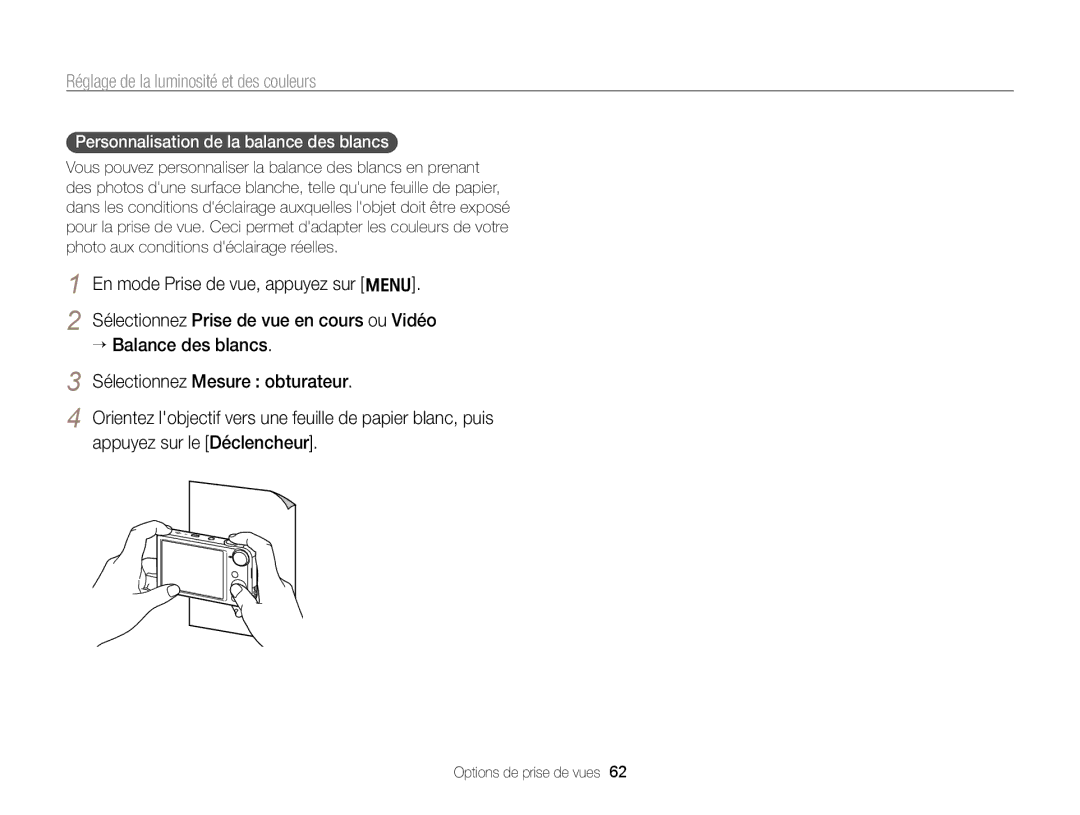 Samsung EC-PL170ZFPBE1, EC-PL170ZBPBE1, EC-PL170ZDPBZA manual Personnalisation de la balance des blancs 