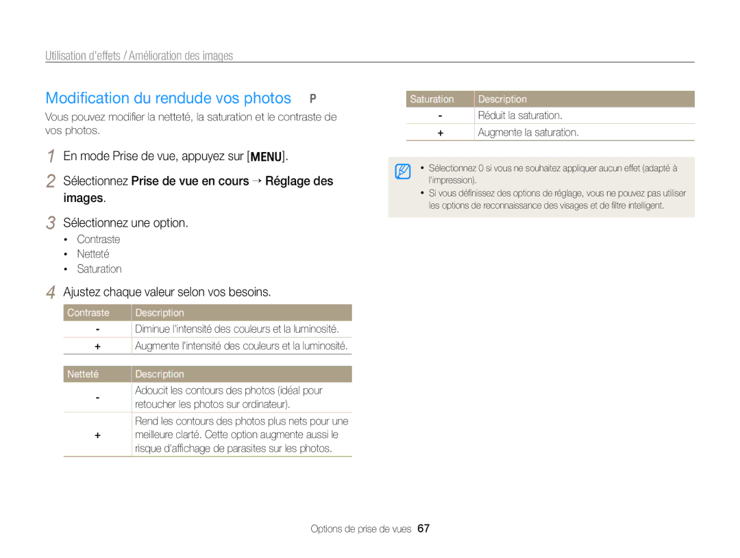 Samsung EC-PL170ZDPBZA, EC-PL170ZFPBE1 manual Modiﬁcation du rendude vos photos p, Ajustez chaque valeur selon vos besoins 