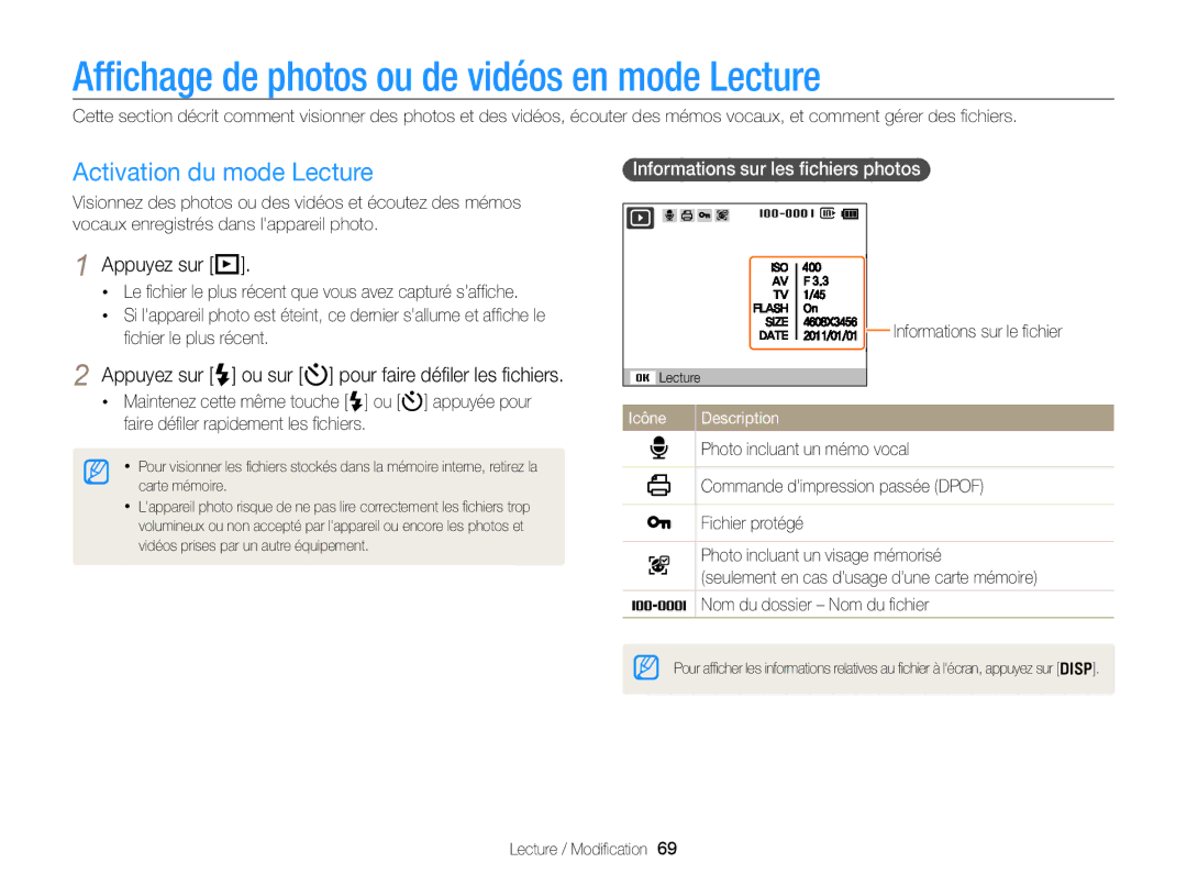 Samsung EC-PL170ZBPBE1 manual Afﬁchage de photos ou de vidéos en mode Lecture, Activation du mode Lecture, Appuyez sur P 