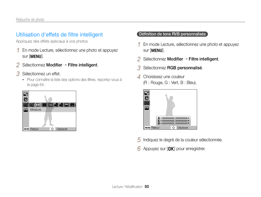 Samsung EC-PL170ZFPBE1, EC-PL170ZBPBE1, EC-PL170ZDPBZA manual Retouche de photo, Appliquez des effets spéciaux à vos photos 