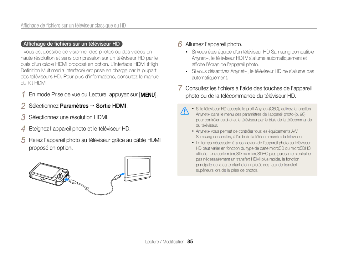 Samsung EC-PL170ZDPBZA Afﬁchage de ﬁchiers sur un téléviseur classique ou HD, Afﬁchage de ﬁchiers sur un téléviseur HD 