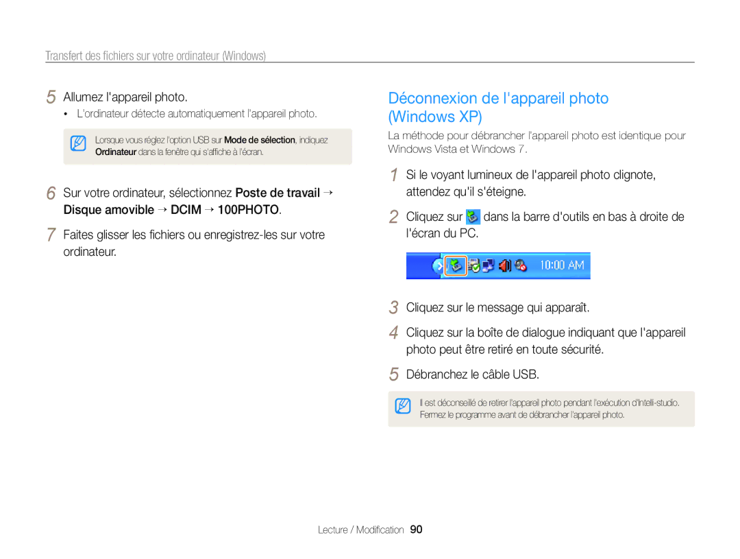 Samsung EC-PL170ZBPBE1, EC-PL170ZFPBE1 manual Déconnexion de lappareil photo Windows XP, Cliquez sur le message qui apparaît 