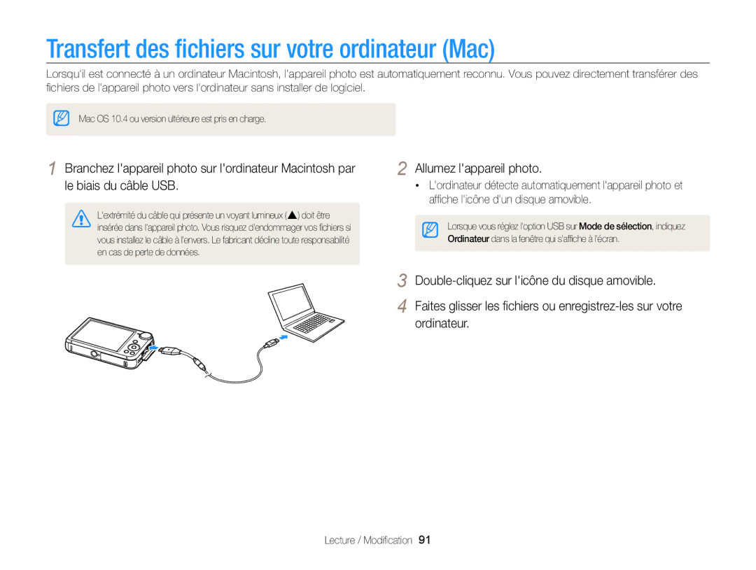 Samsung EC-PL170ZDPBZA, EC-PL170ZFPBE1, EC-PL170ZBPBE1 manual Transfert des ﬁchiers sur votre ordinateur Mac 