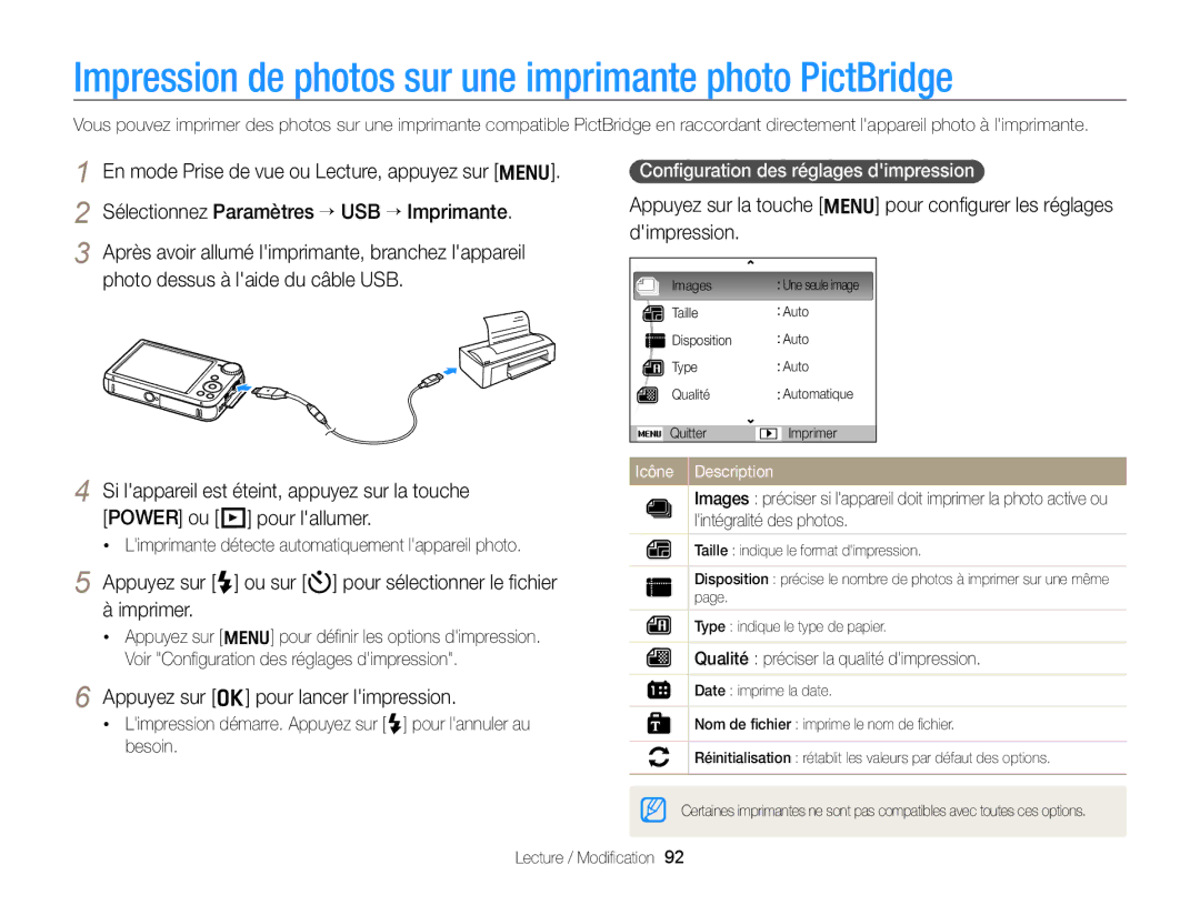 Samsung EC-PL170ZFPBE1 Impression de photos sur une imprimante photo PictBridge, Appuyez sur o pour lancer limpression 