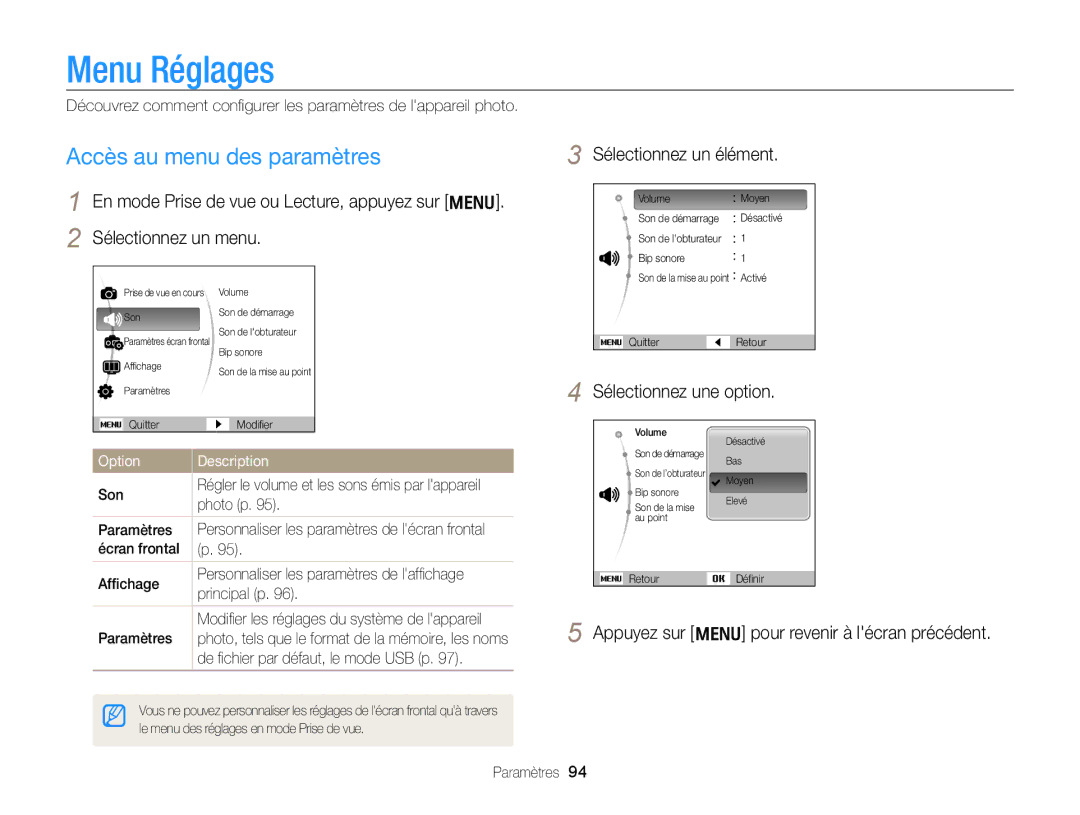 Samsung EC-PL170ZDPBZA, EC-PL170ZFPBE1 manual Menu Réglages, Accès au menu des paramètres, Sélectionnez un élément, Option 