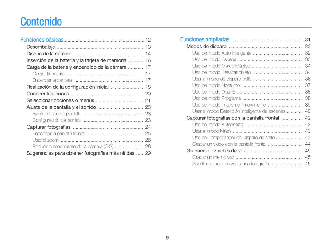 Samsung EC-PL170ZBPLE1, EC-PL170ZFPBE1, EC-PL170ZBPBE1 manual Contenido, Carga de la batería y encendido de la cámara 