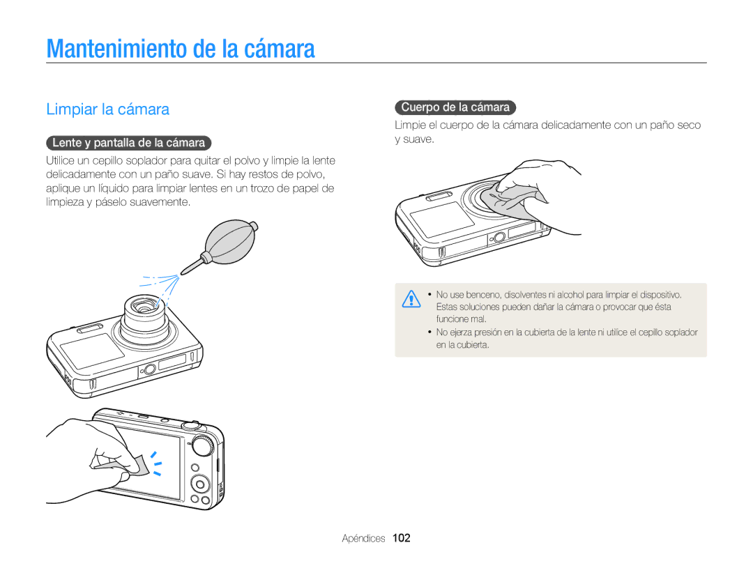 Samsung EC-PL170ZFPPE1 Mantenimiento de la cámara, Limpiar la cámara, Lente y pantalla de la cámara, Cuerpo de la cámara 