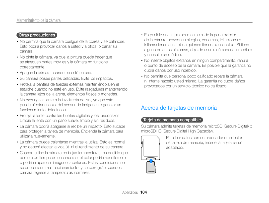 Samsung EC-PL170ZFPBE1, EC-PL170ZBPBE1 Acerca de tarjetas de memoria, Otras precauciones, Tarjeta de memoria compatible 