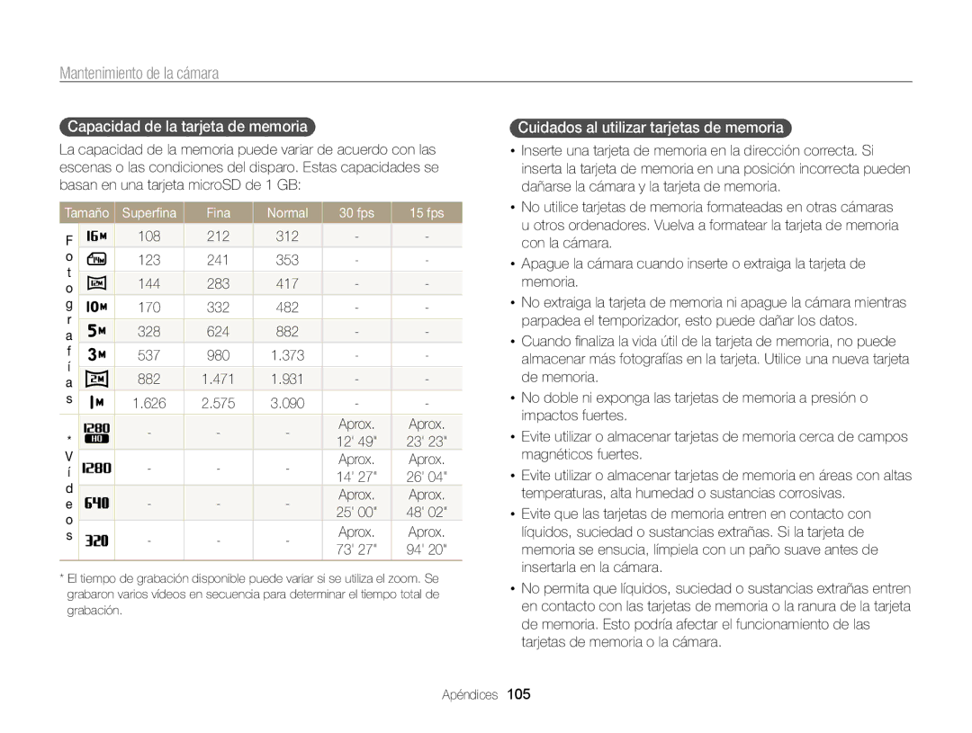 Samsung EC-PL170ZBPBE1, EC-PL170ZFPBE1 manual Capacidad de la tarjeta de memoria, Cuidados al utilizar tarjetas de memoria 