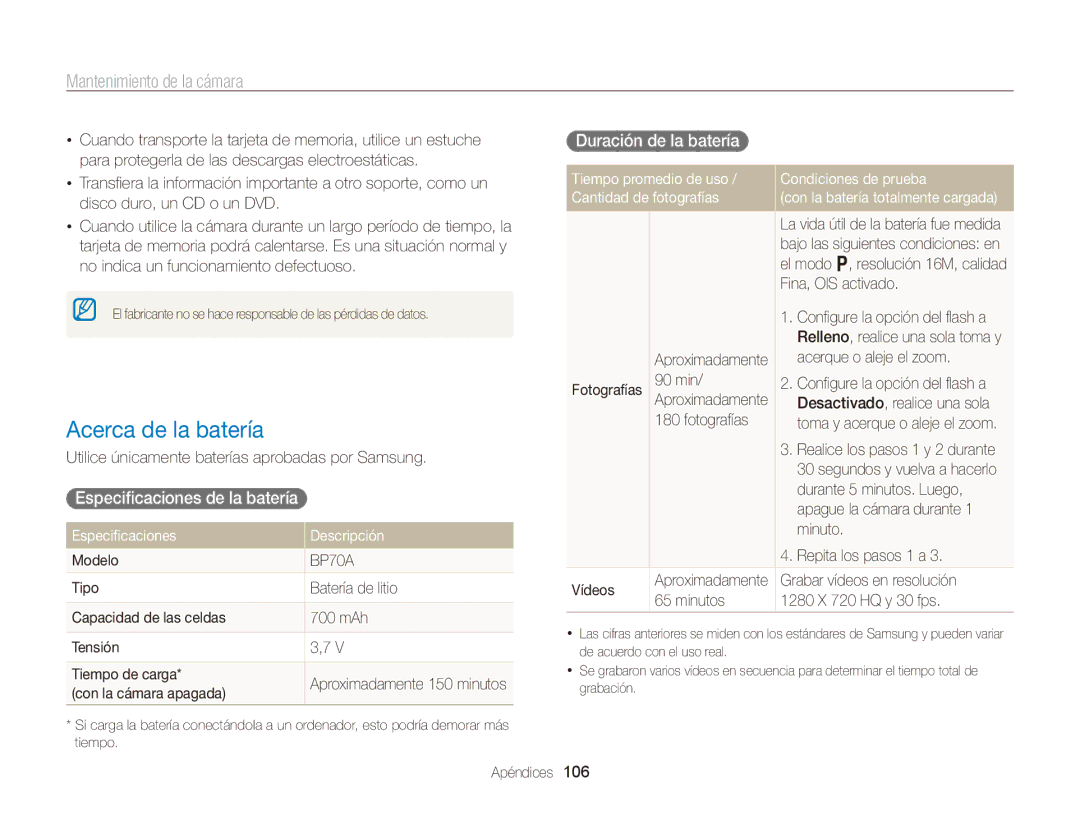 Samsung EC-PL170ZFPLE1, EC-PL170ZFPBE1 manual Acerca de la batería, Duración de la batería , Especificaciones de la batería  