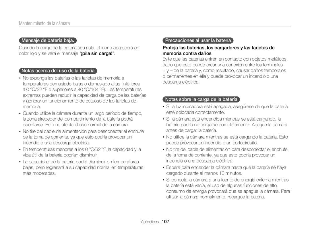 Samsung EC-PL170ZBPLE1 manual Mensaje de batería baja, Notas acerca del uso de la batería, Precauciones al usar la batería 