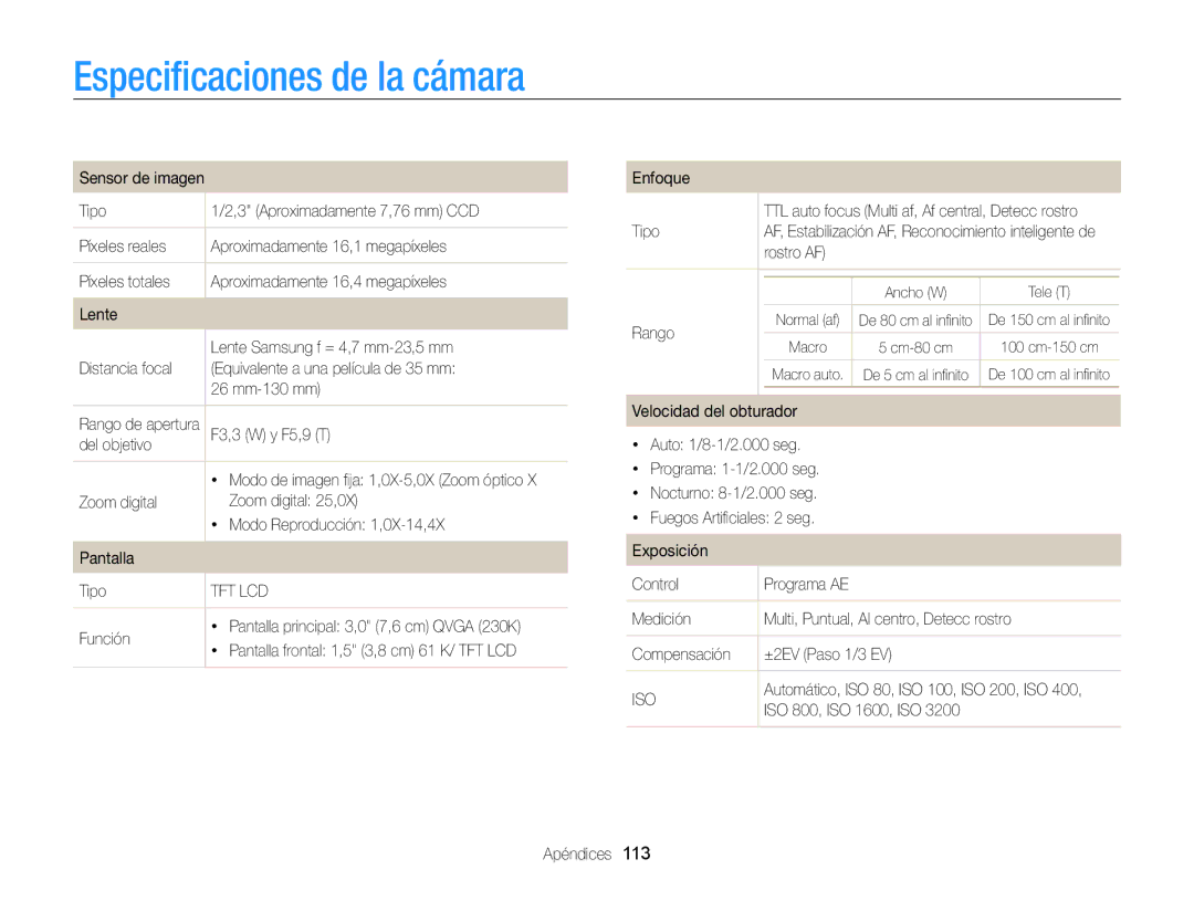 Samsung EC-PL170ZFPLE1, EC-PL170ZFPBE1, EC-PL170ZBPBE1, EC-PL170ZBPLE1, EC-PL170ZBPPE1 manual Especiﬁcaciones de la cámara 