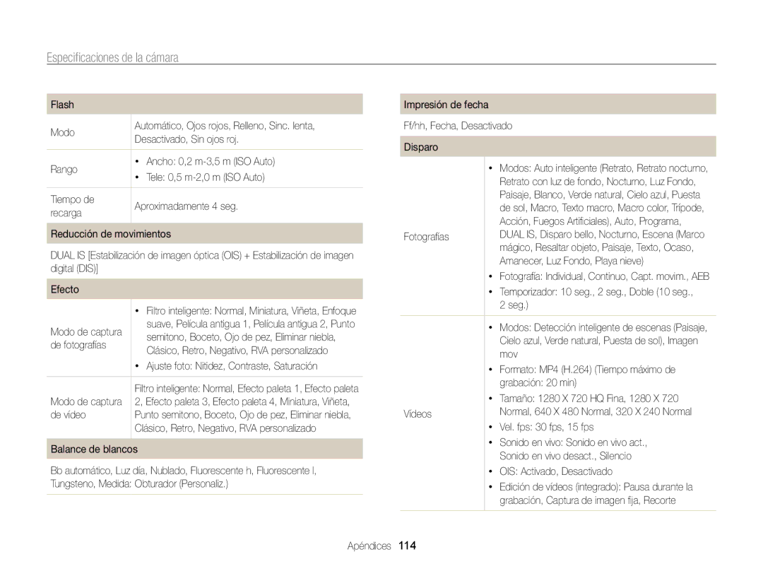 Samsung EC-PL170ZBPLE1, EC-PL170ZFPBE1, EC-PL170ZBPBE1, EC-PL170ZFPLE1, EC-PL170ZBPPE1 manual Especiﬁcaciones de la cámara 