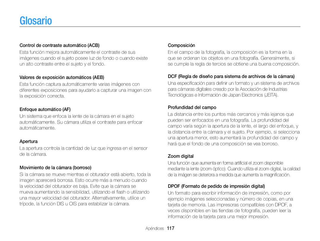 Samsung EC-PL170ZBPSE1, EC-PL170ZFPBE1, EC-PL170ZBPBE1, EC-PL170ZFPLE1, EC-PL170ZBPLE1, EC-PL170ZBPPE1, EC-PL170ZFPPE1 Glosario 