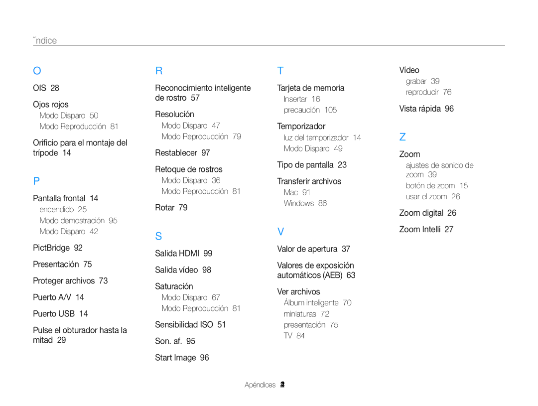 Samsung EC-PL170ZBPSE1, EC-PL170ZFPBE1 manual Modo Disparo 50 Modo Reproducción, Encendido Modo demostración 95 Modo Disparo 