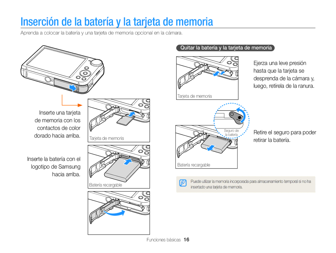 Samsung EC-PL170ZBPLE1 Inserción de la batería y la tarjeta de memoria, Retirar la batería, Retire el seguro para poder 