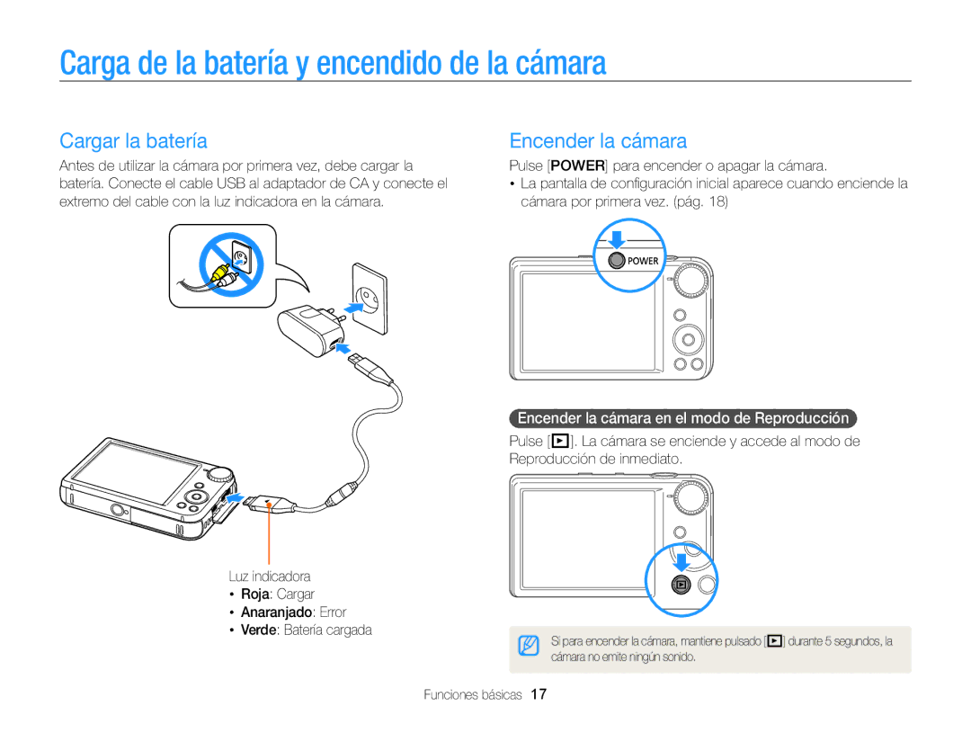 Samsung EC-PL170ZBPPE1, EC-PL170ZFPBE1 Carga de la batería y encendido de la cámara, Cargar la batería, Encender la cámara 