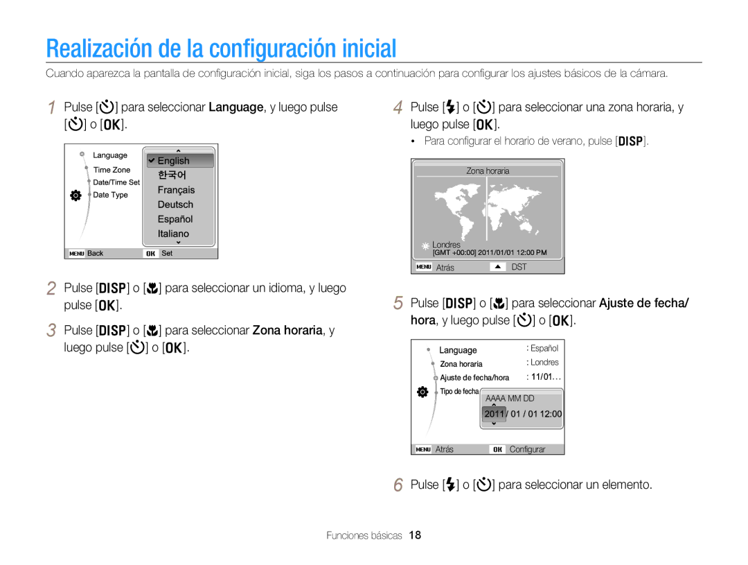 Samsung EC-PL170ZFPPE1, EC-PL170ZFPBE1 Realización de la conﬁguración inicial, Pulse F o t para seleccionar un elemento 