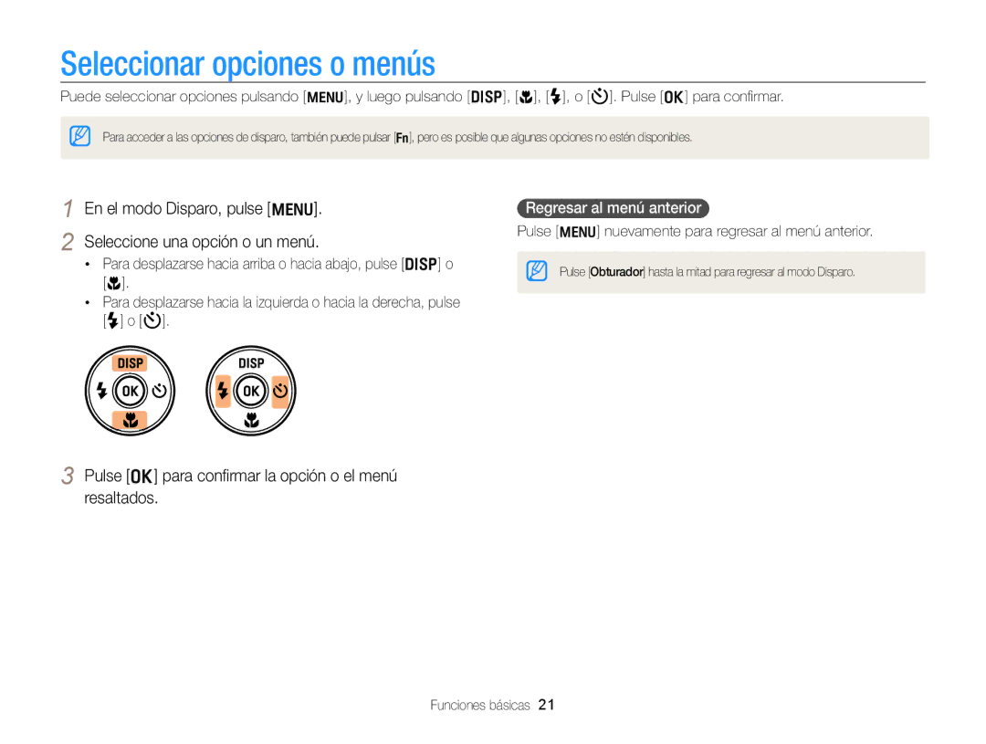 Samsung EC-PL170ZBPBE1 manual Seleccionar opciones o menús, Seleccione una opción o un menú, Regresar al menú anterior 