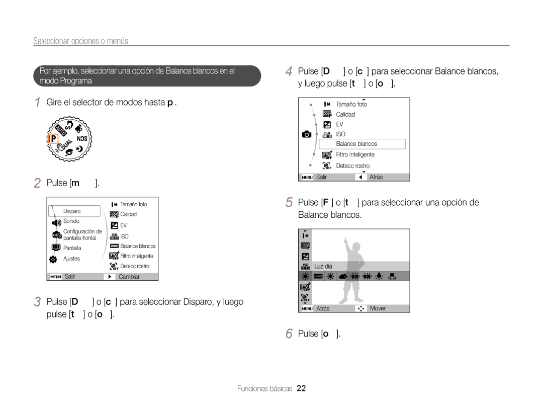 Samsung EC-PL170ZFPLE1, EC-PL170ZFPBE1 Seleccionar opciones o menús, Gire el selector de modos hasta p Pulse m, Pulse o 