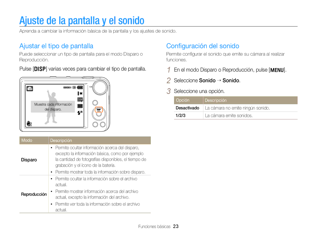 Samsung EC-PL170ZBPLE1 manual Ajuste de la pantalla y el sonido, Ajustar el tipo de pantalla, Conﬁguración del sonido 