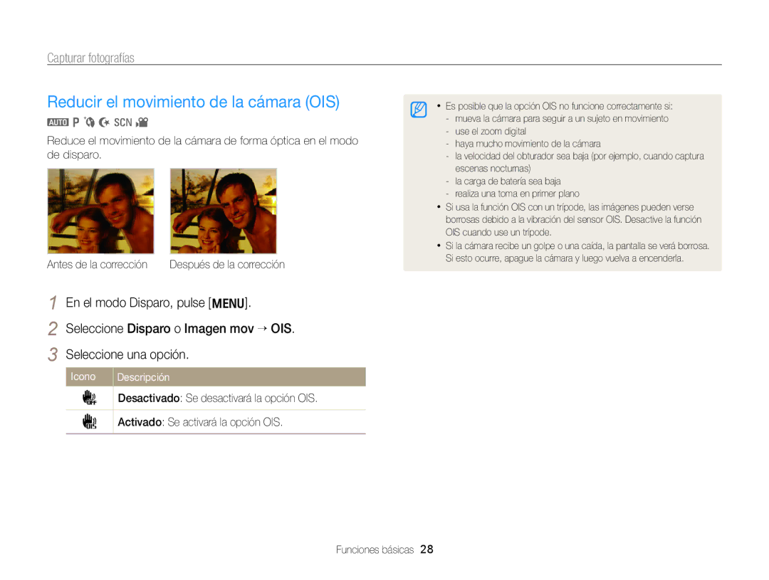 Samsung EC-PL170ZBPBE1, EC-PL170ZFPBE1, EC-PL170ZFPLE1 manual Reducir el movimiento de la cámara OIS, Icono Descripción 