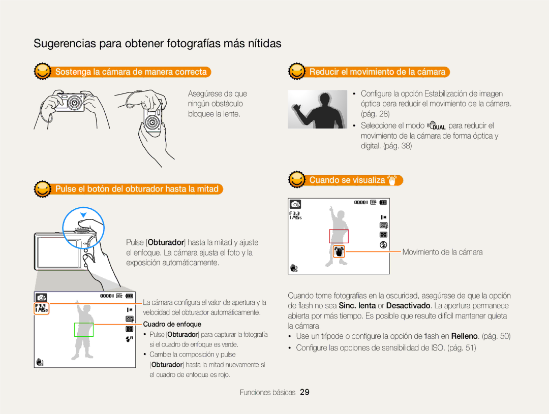 Samsung EC-PL170ZFPLE1 manual Asegúrese de que, Ningún obstáculo, Bloquee la lente Pág Seleccione el modo d para reducir el 