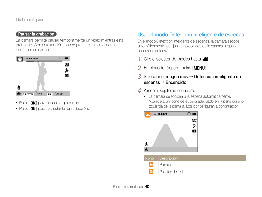 Samsung EC-PL170ZBPSE1, EC-PL170ZFPBE1, EC-PL170ZBPBE1 Usar el modo Detección inteligente de escenas, Pausar la grabación 