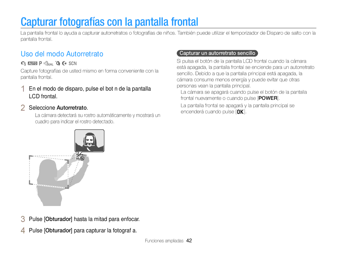 Samsung EC-PL170ZBPBE1, EC-PL170ZFPBE1 manual Capturar fotografías con la pantalla frontal, Uso del modo Autorretrato 