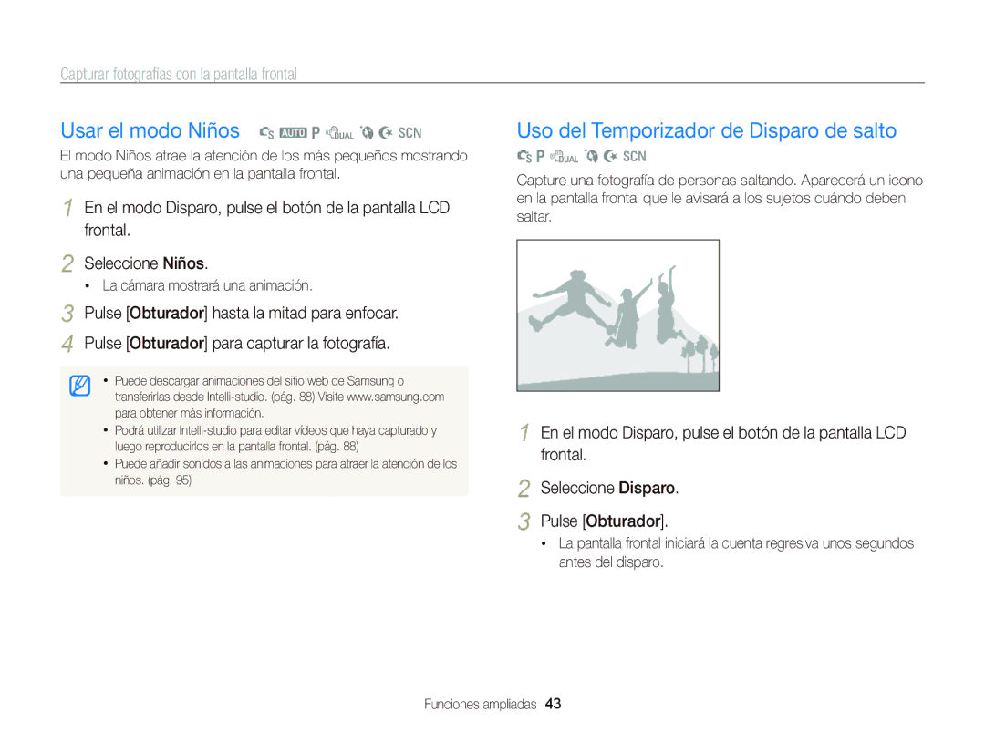 Samsung EC-PL170ZFPLE1, EC-PL170ZFPBE1 manual Usar el modo Niños S a p d b N s, Uso del Temporizador de Disparo de salto 