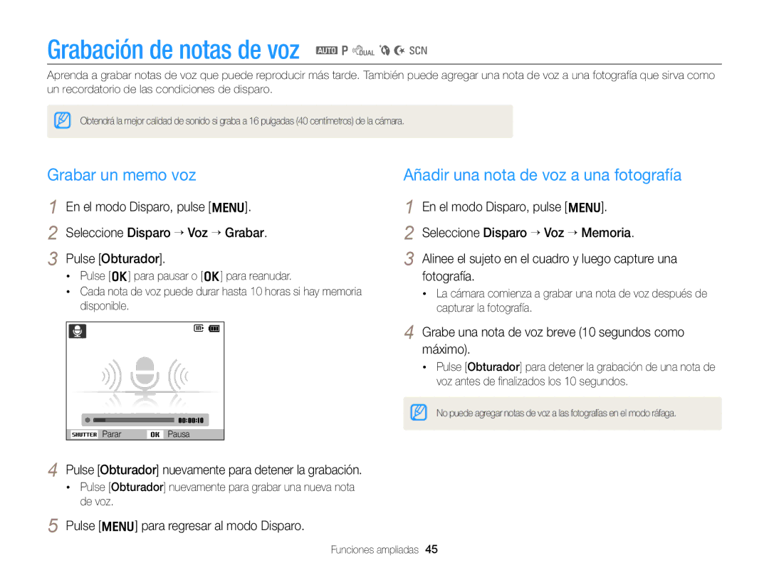 Samsung EC-PL170ZBPPE1 Grabación de notas de voz a p d b N s, Grabar un memo voz, Añadir una nota de voz a una fotografía 