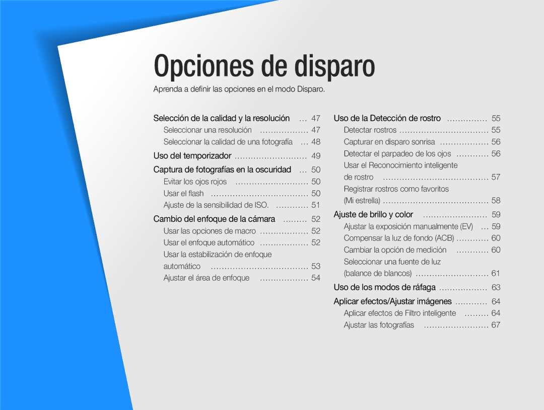 Samsung EC-PL170ZFPPE1 manual Aprenda a deﬁnir las opciones en el modo Disparo, Cambio del enfoque de la cámara ……… 