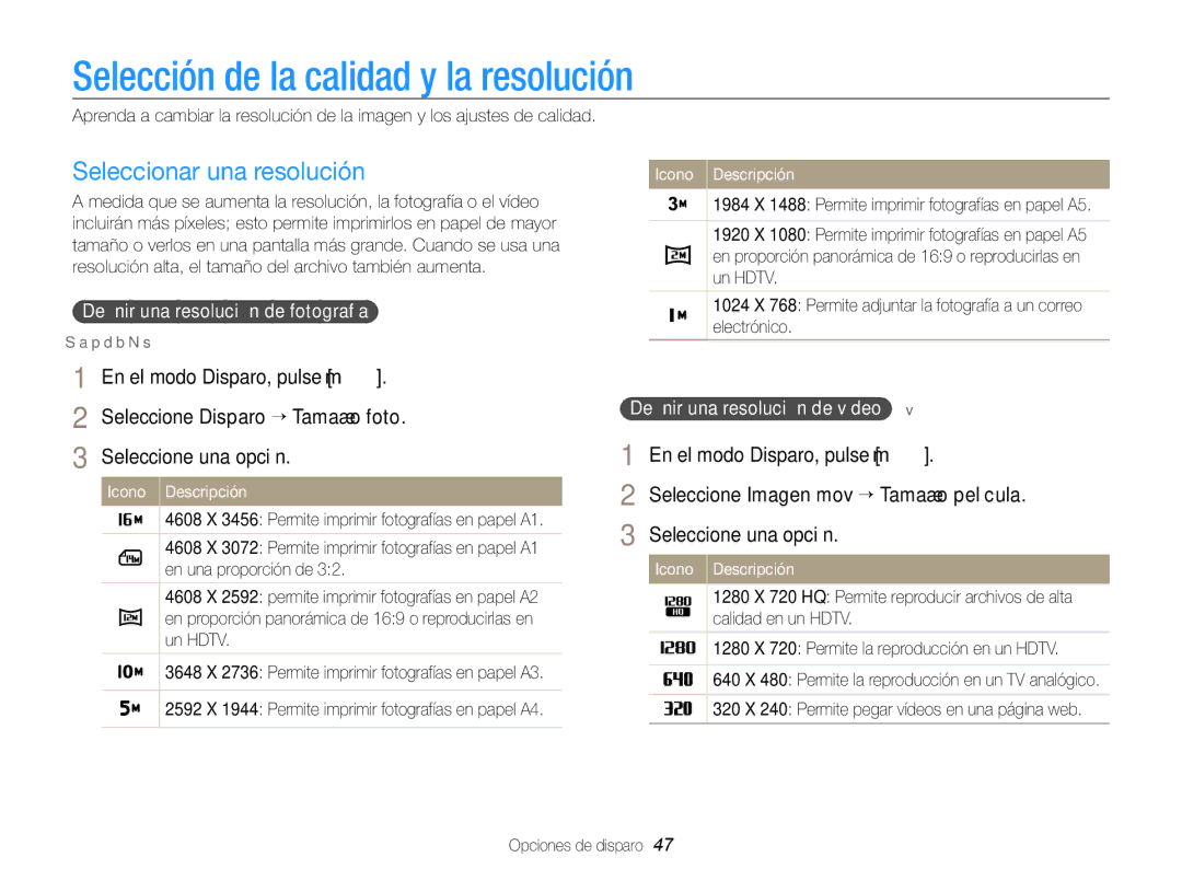 Samsung EC-PL170ZBPSE1, EC-PL170ZFPBE1, EC-PL170ZBPBE1 Selección de la calidad y la resolución, Seleccionar una resolución 