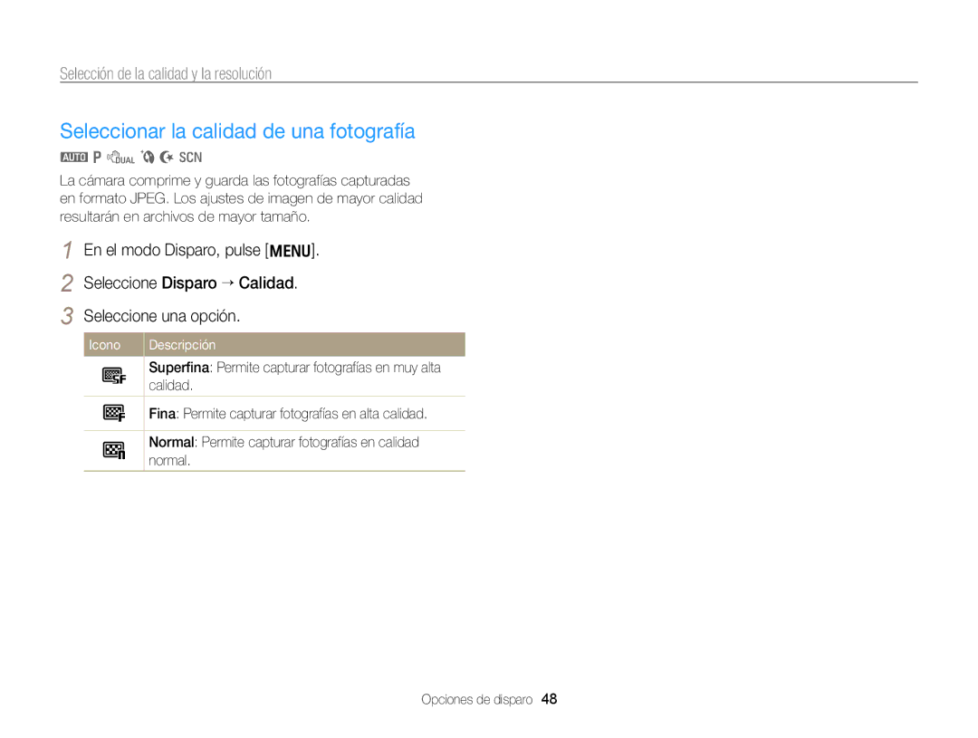 Samsung EC-PL170ZFPBE1, EC-PL170ZBPBE1 Seleccionar la calidad de una fotografía, Selección de la calidad y la resolución 