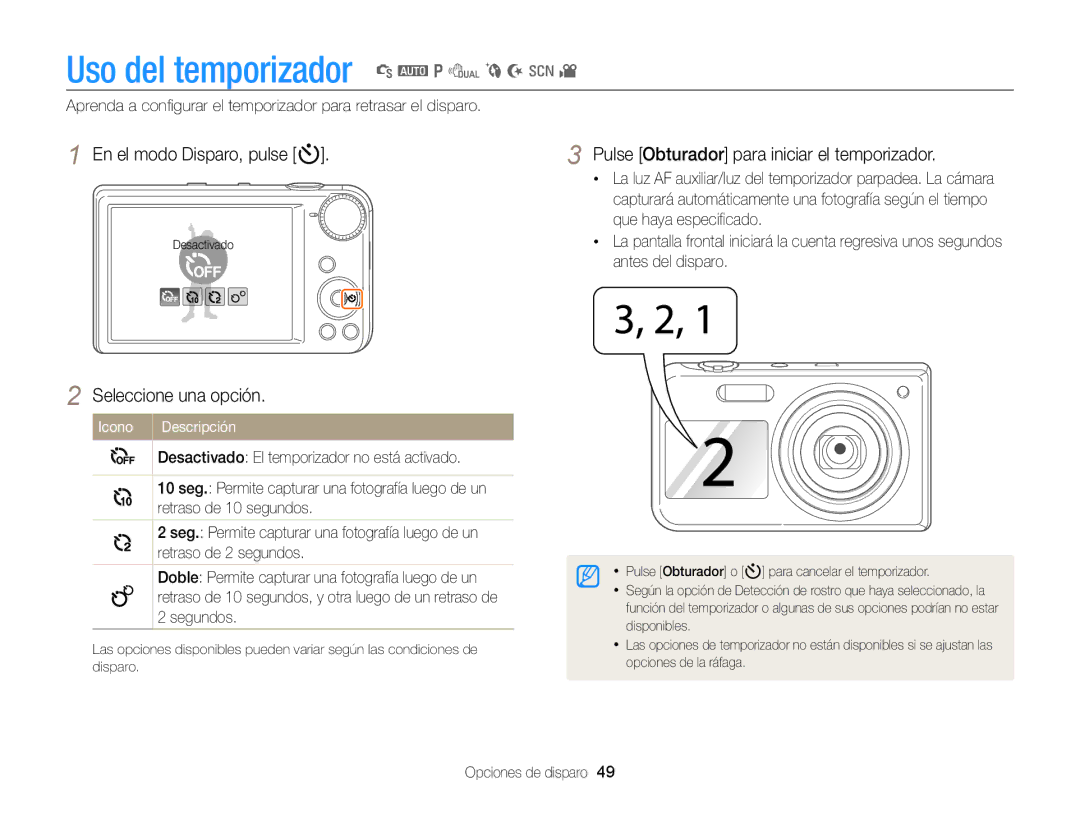 Samsung EC-PL170ZBPBE1, EC-PL170ZFPBE1, EC-PL170ZFPLE1 manual Uso del temporizador S a p d b N s, En el modo Disparo, pulse t 