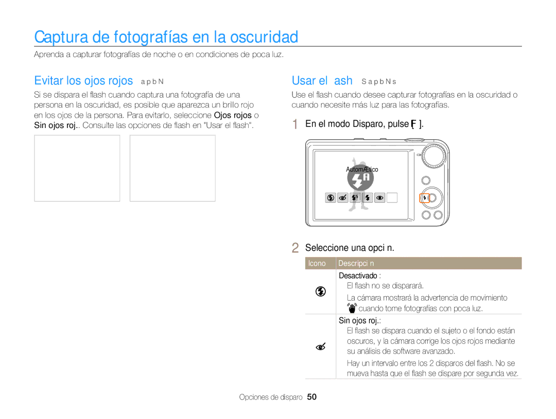 Samsung EC-PL170ZFPLE1 Captura de fotografías en la oscuridad, Evitar los ojos rojos a p b N, Usar el ﬂash S a p b N s 