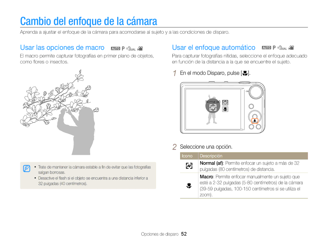 Samsung EC-PL170ZBPPE1, EC-PL170ZFPBE1, EC-PL170ZBPBE1 manual Cambio del enfoque de la cámara, En el modo Disparo, pulse c 