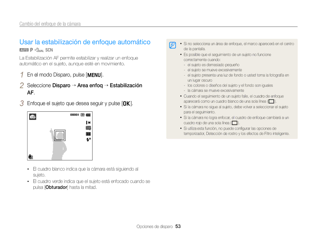 Samsung EC-PL170ZFPPE1, EC-PL170ZFPBE1 manual Usar la estabilización de enfoque automático, Cambio del enfoque de la cámara 