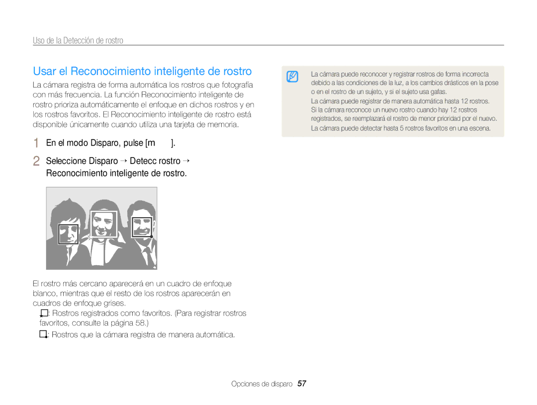 Samsung EC-PL170ZFPLE1, EC-PL170ZFPBE1 manual Usar el Reconocimiento inteligente de rostro, En el modo Disparo, pulse m 