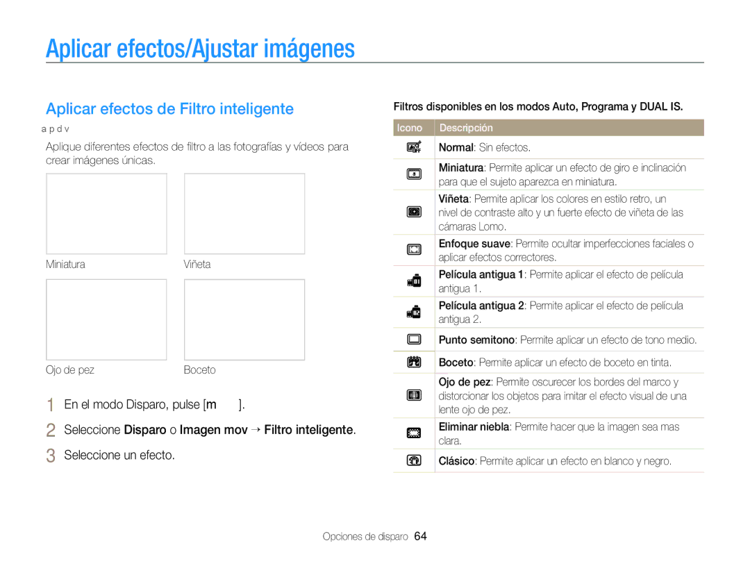 Samsung EC-PL170ZFPLE1, EC-PL170ZFPBE1 manual Aplicar efectos/Ajustar imágenes, Aplicar efectos de Filtro inteligente 