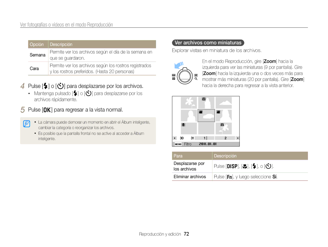 Samsung EC-PL170ZBPLE1 manual Pulse o para regresar a la vista normal, Ver archivos como miniaturas, Para Descripción 