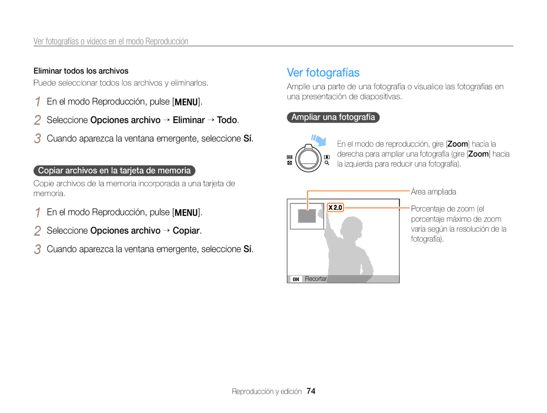 Samsung EC-PL170ZFPPE1 Ver fotografías, Copiar archivos en la tarjeta de memoria, Ampliar una fotografía, Área ampliada 