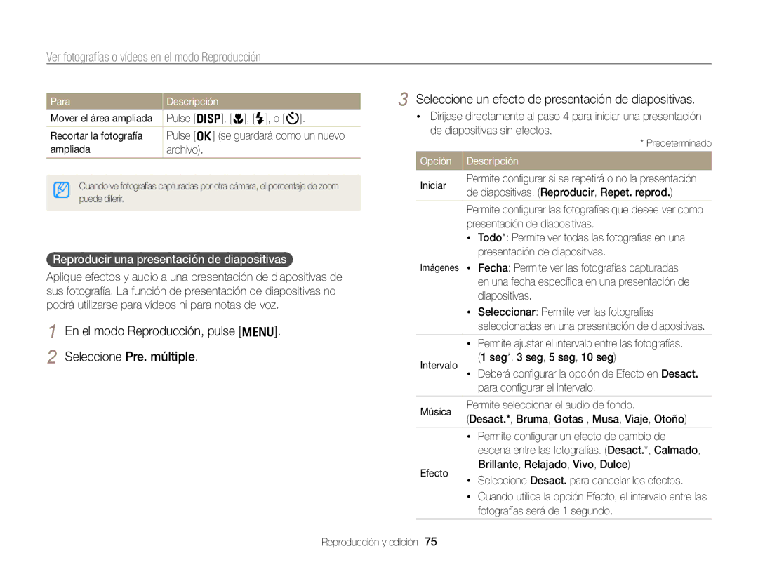 Samsung EC-PL170ZBPSE1 manual Seleccione un efecto de presentación de diapositivas, En el modo Reproducción, pulse m 