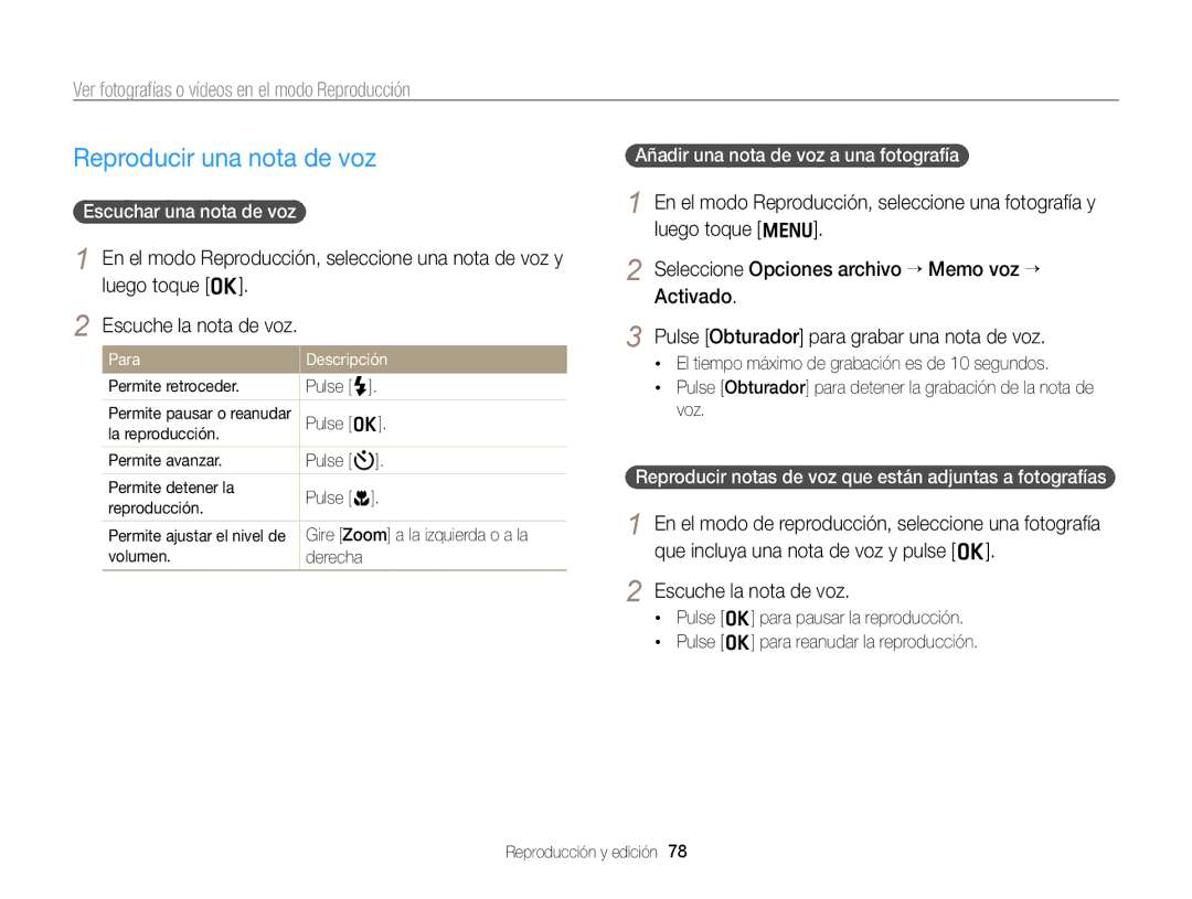 Samsung EC-PL170ZFPLE1 manual Reproducir una nota de voz, Escuchar una nota de voz, Añadir una nota de voz a una fotografía 