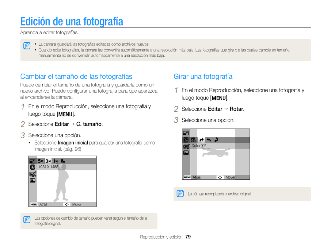 Samsung EC-PL170ZBPLE1 manual Edición de una fotografía, Cambiar el tamaño de las fotografías, Girar una fotografía 