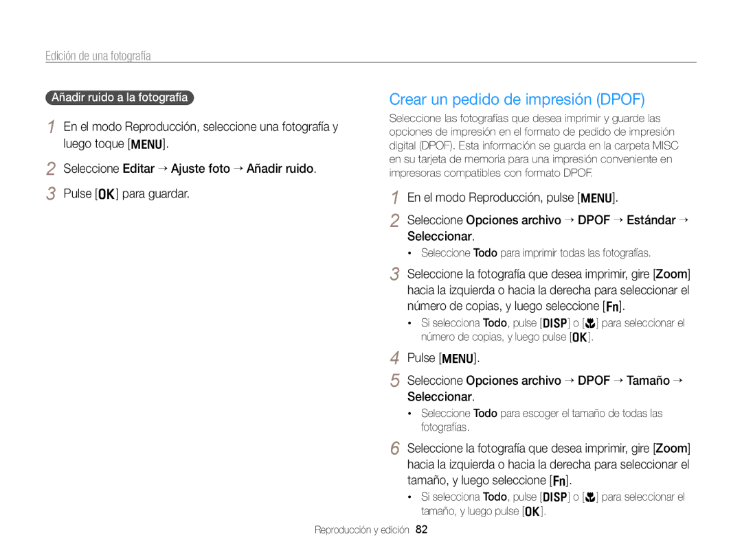 Samsung EC-PL170ZBPSE1, EC-PL170ZFPBE1, EC-PL170ZBPBE1 manual Crear un pedido de impresión Dpof, Añadir ruido a la fotografía 