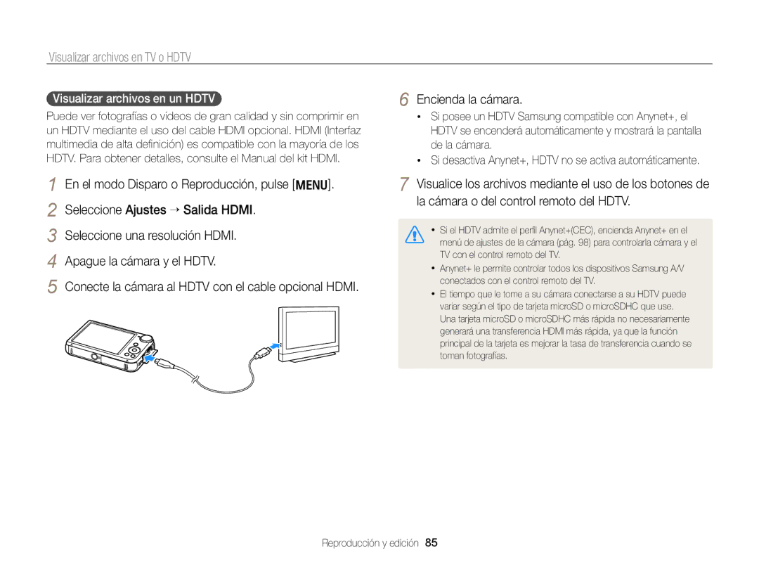 Samsung EC-PL170ZFPLE1 manual Visualizar archivos en TV o Hdtv, Encienda la cámara, Visualizar archivos en un Hdtv 