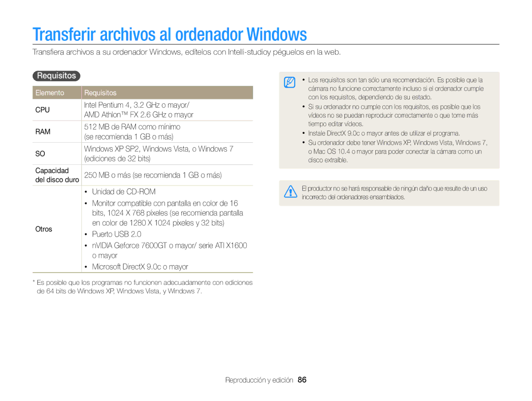 Samsung EC-PL170ZBPLE1, EC-PL170ZFPBE1, EC-PL170ZBPBE1 Transferir archivos al ordenador Windows, Elemento Requisitos 