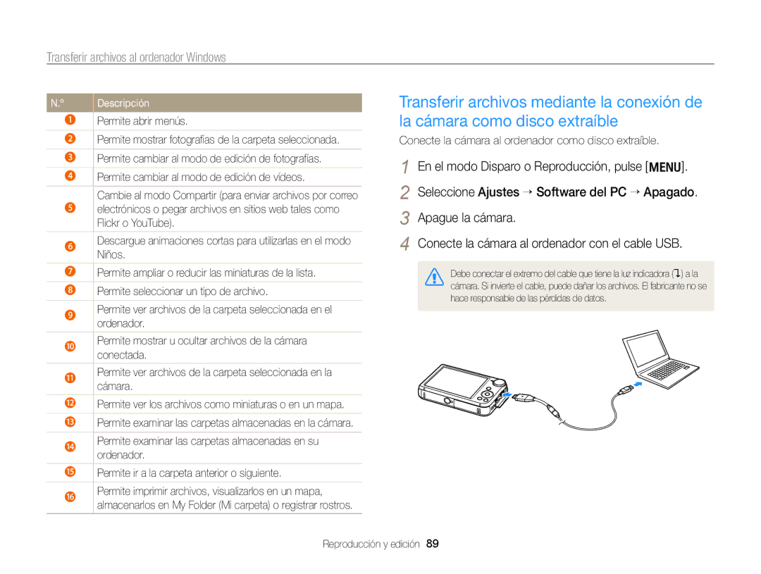 Samsung EC-PL170ZBPSE1, EC-PL170ZFPBE1, EC-PL170ZBPBE1, EC-PL170ZFPLE1 Conecte la cámara al ordenador como disco extraíble 